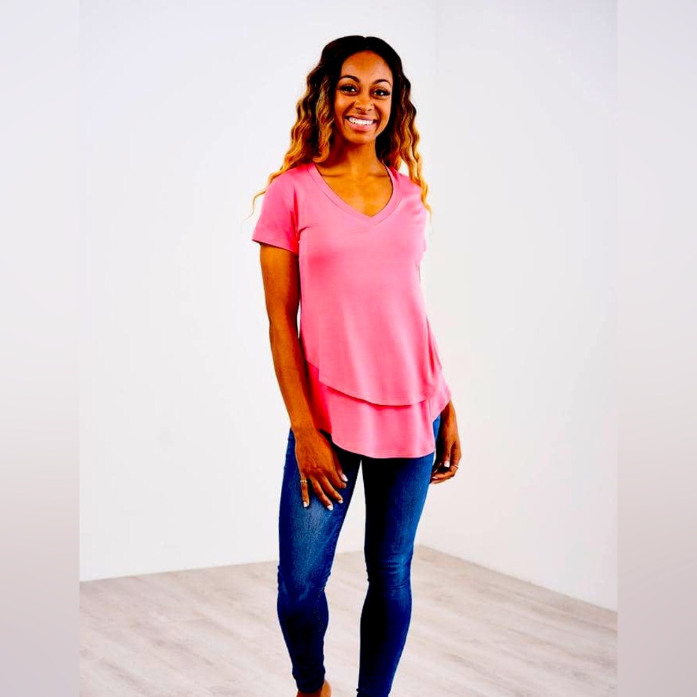 Latched Mama v-neck boyfriend nursing maternity t-shirt - coral pink XS
